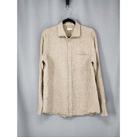 Stanza Shirt Mens 16.5 42cm Beige 100% Linen Long Sleeve Button Casual Coastal - Picture 1 of 11